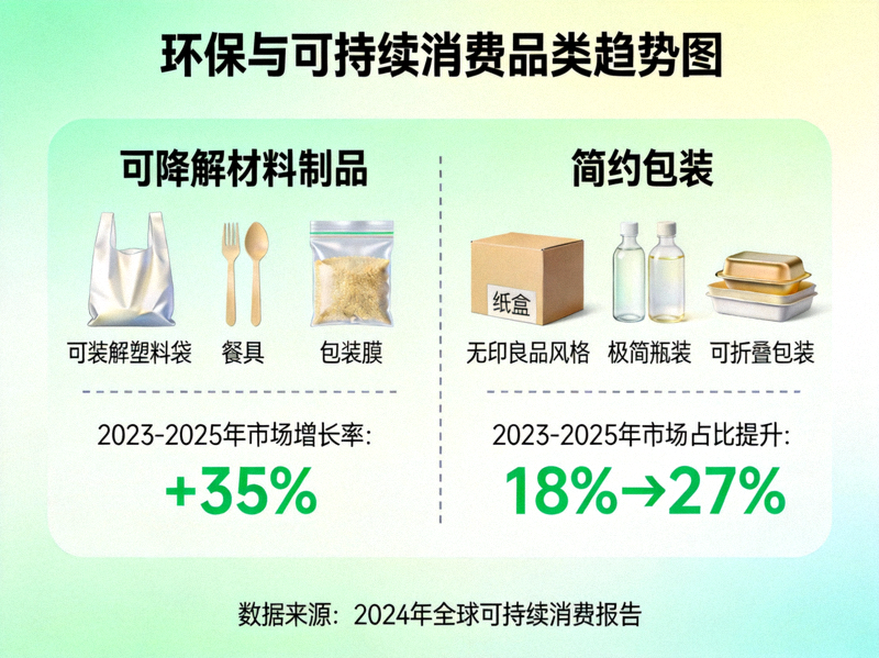 环保与可持续消费品类趋势图 - 展示可降解材料制品与简约包装